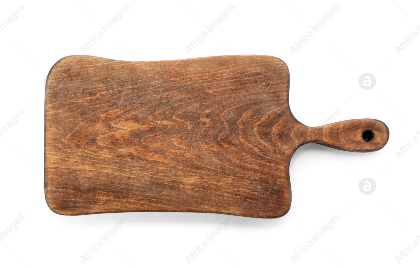 Photo of Wooden board on white background, top view. Kitchen accessory