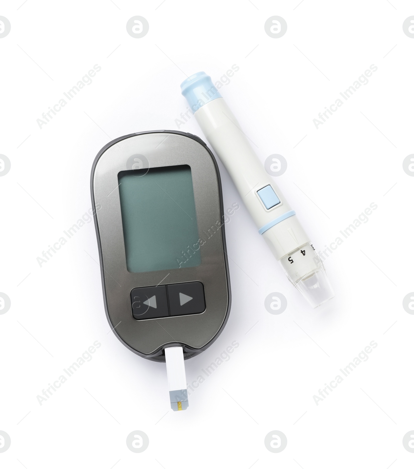 Photo of Modern glucometer with test strip and lancet pen on white background, top view