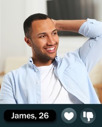 Image of Dating site account of young African American man. Profile photo, information and icons