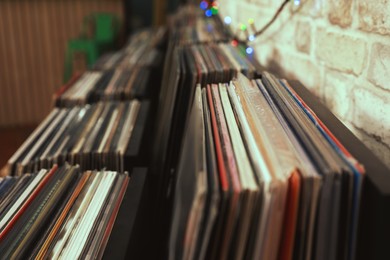 Image of Many different vinyl records in store, closeup