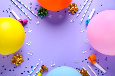 Frame of different accessories for birthday party on violet background, flat lay. Space for text