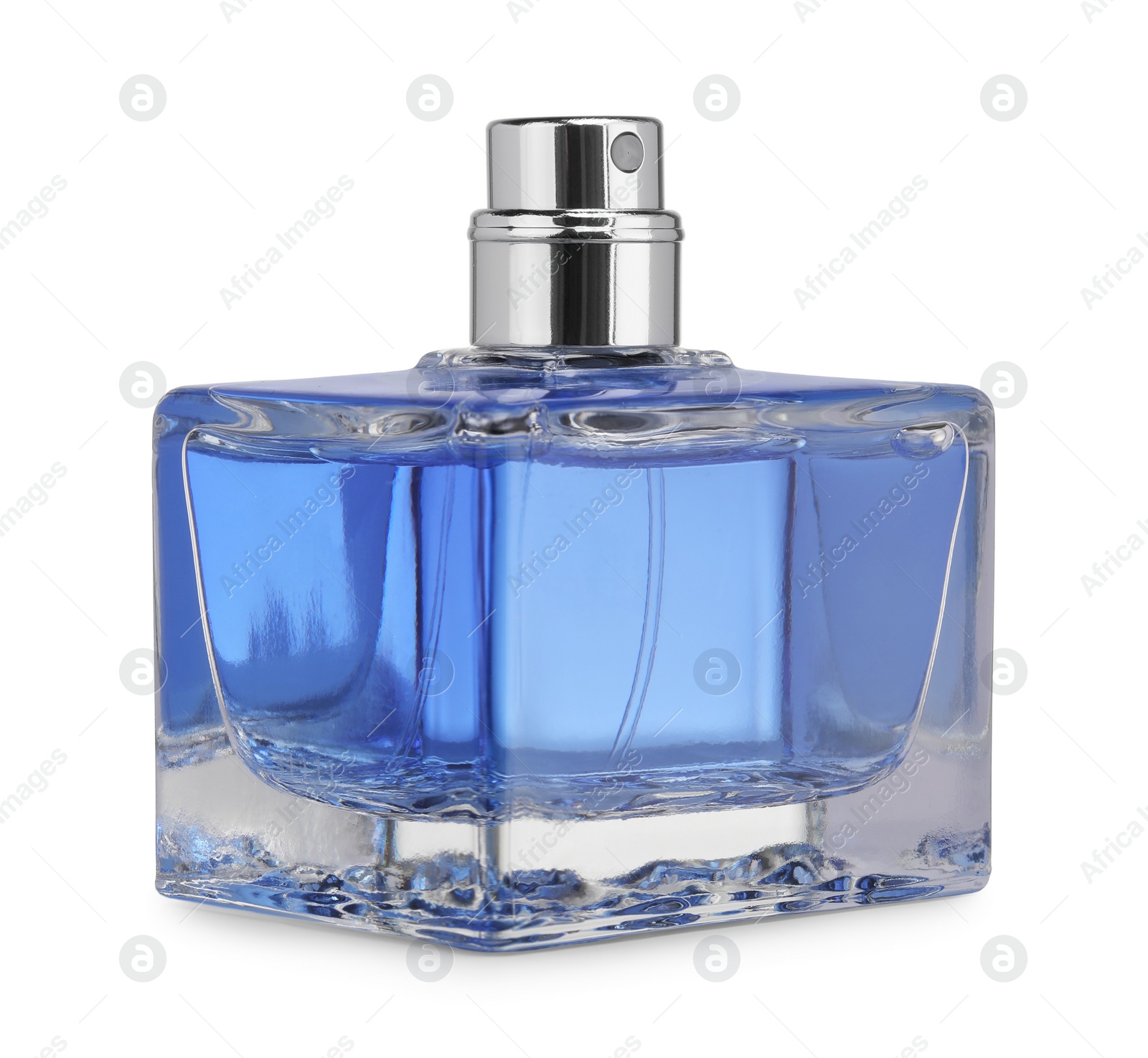 Photo of Blue men perfume in glass bottle isolated on white