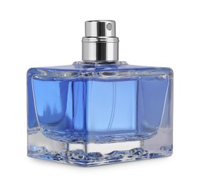 Photo of Blue men perfume in glass bottle isolated on white