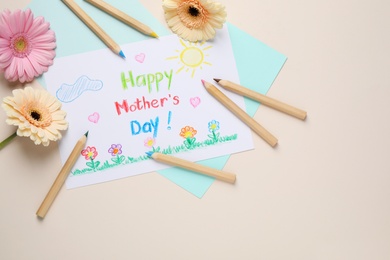 Photo of Flat lay composition with handmade greeting card for Mother's Day on beige background