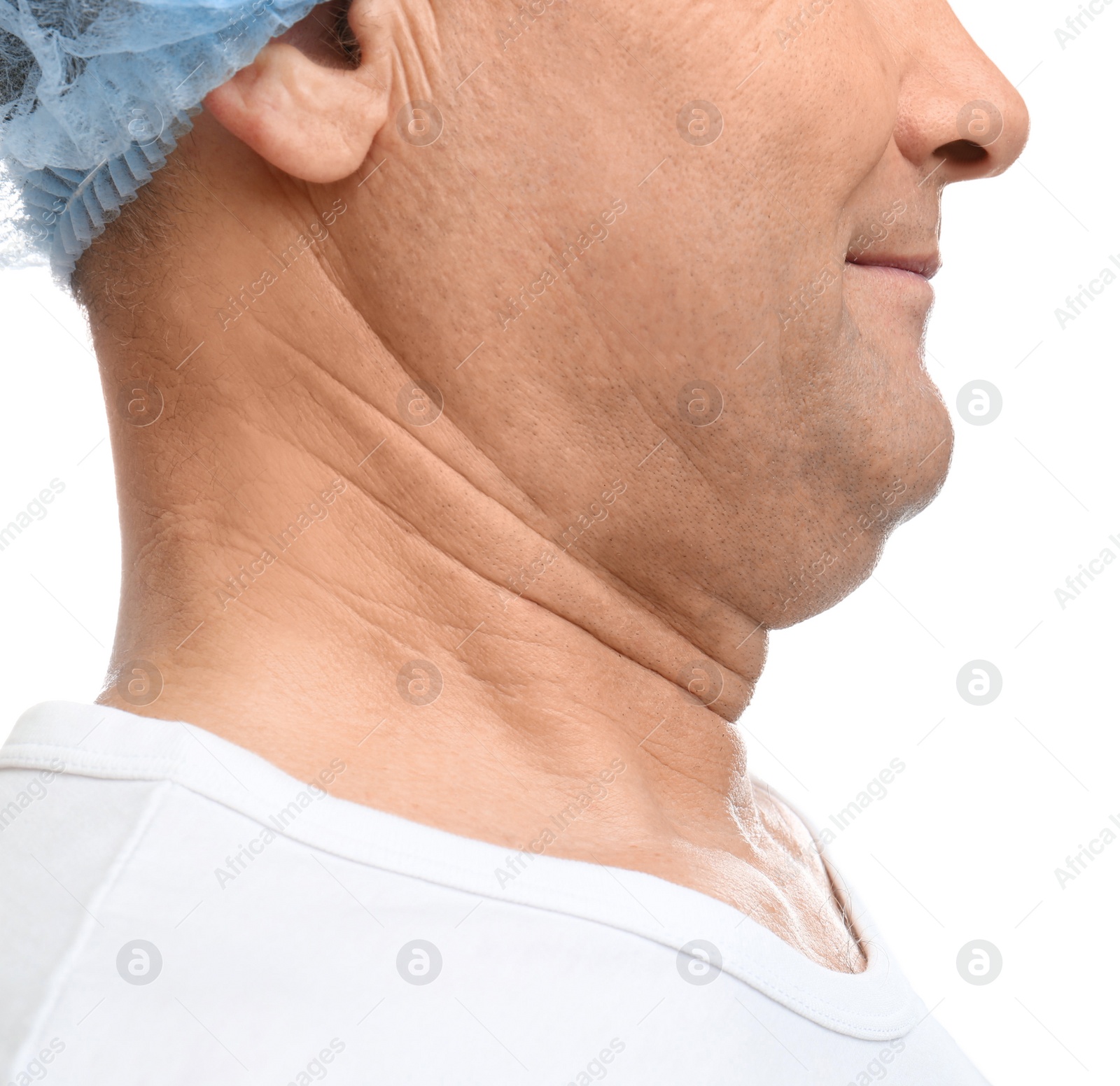 Photo of Mature man with double chin on white background, closeup