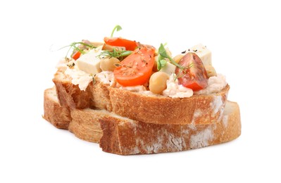 Tasty vegan sandwich with tomatoes, tofu and chickpeas isolated on white