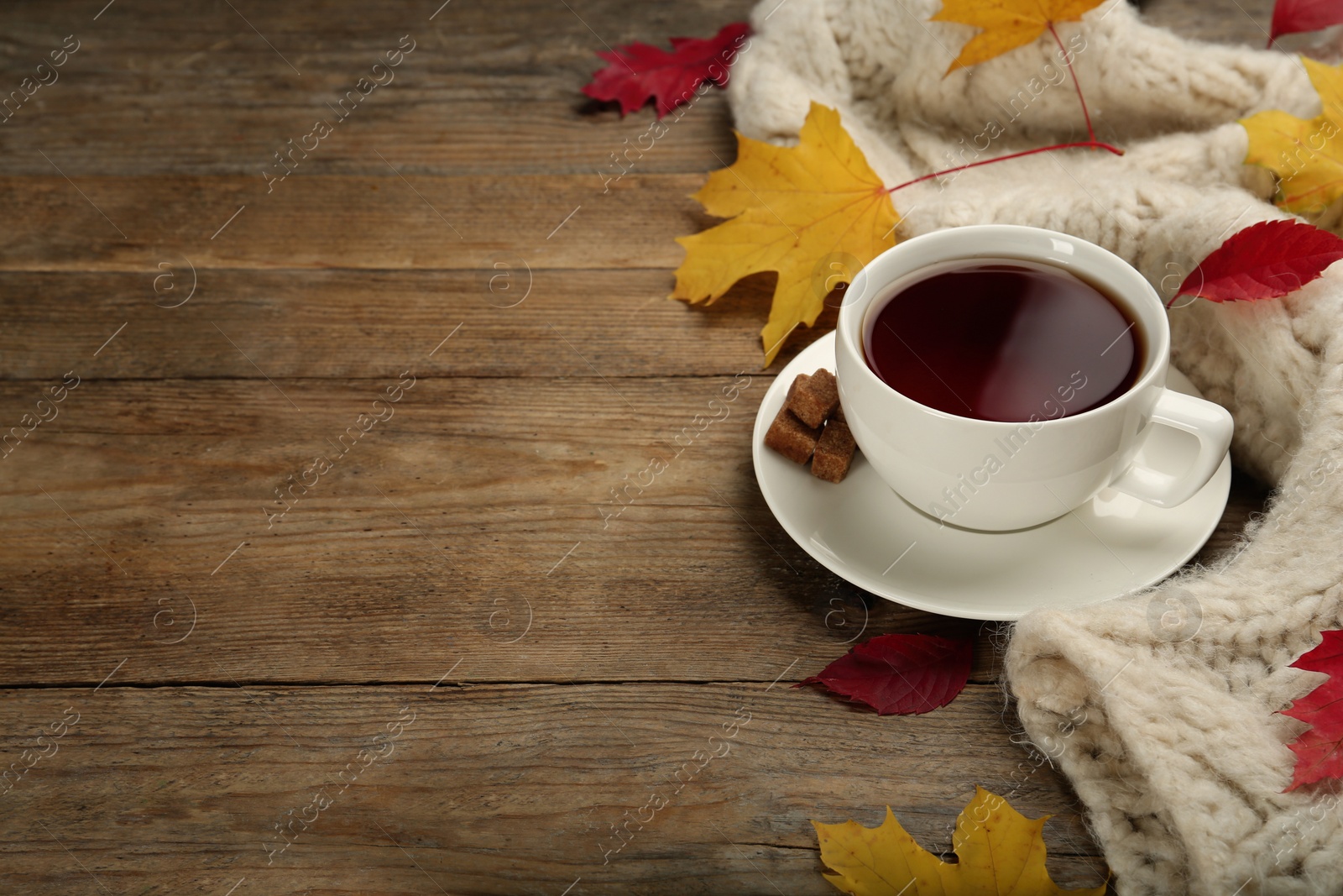 Photo of Cup of hot tea, sweater and autumn leaves on wooden table, space for text