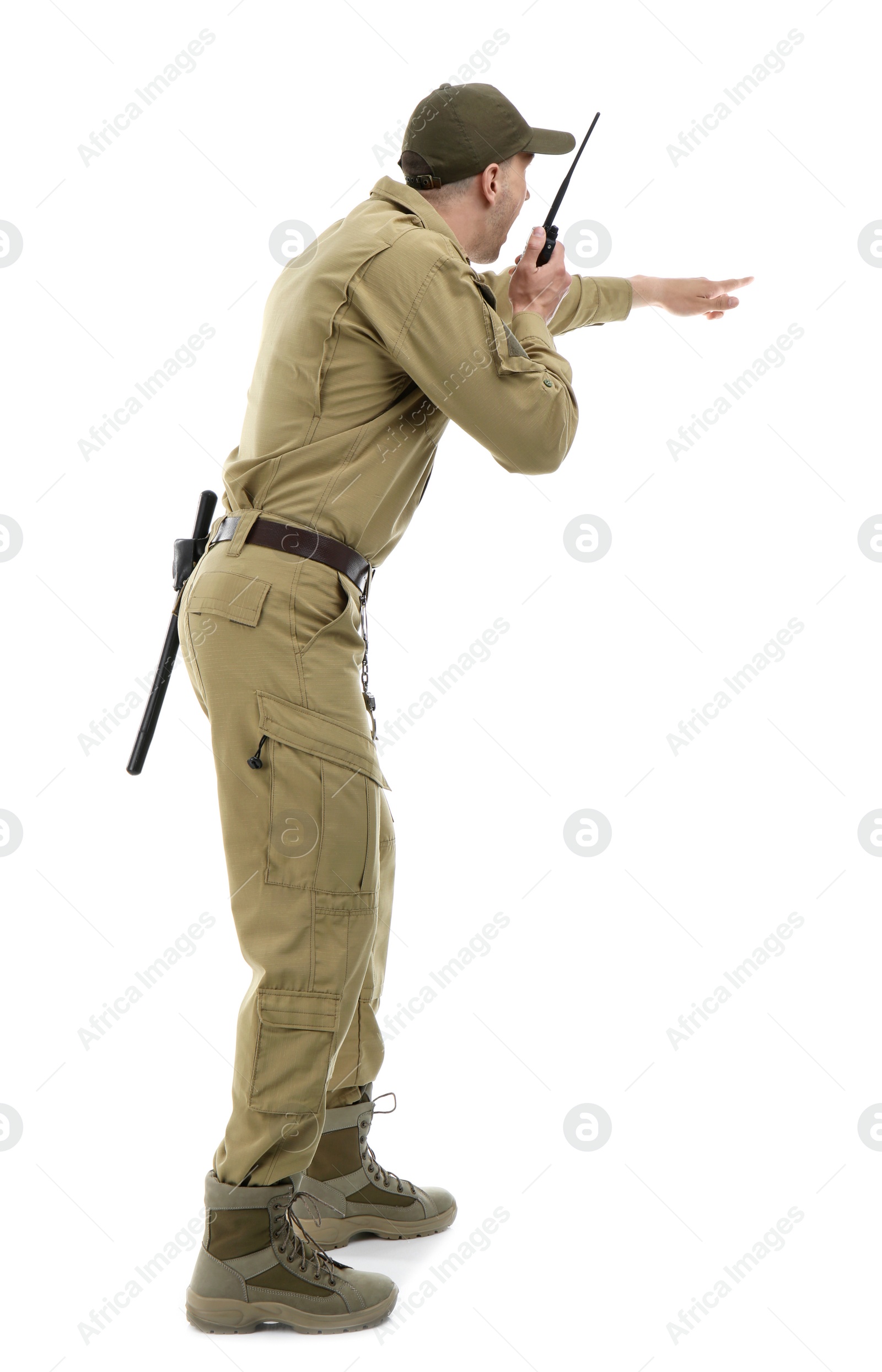 Photo of Male security guard using portable radio transmitter on white background