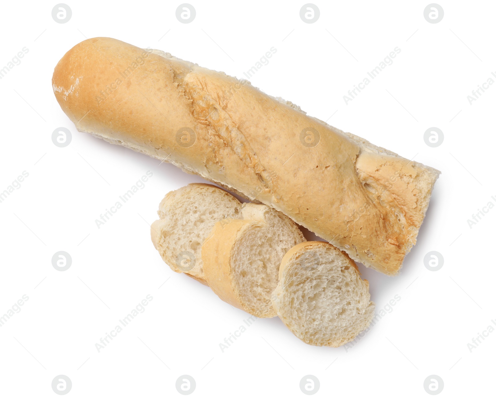 Photo of Pieces of fresh baguette isolated on white, top view