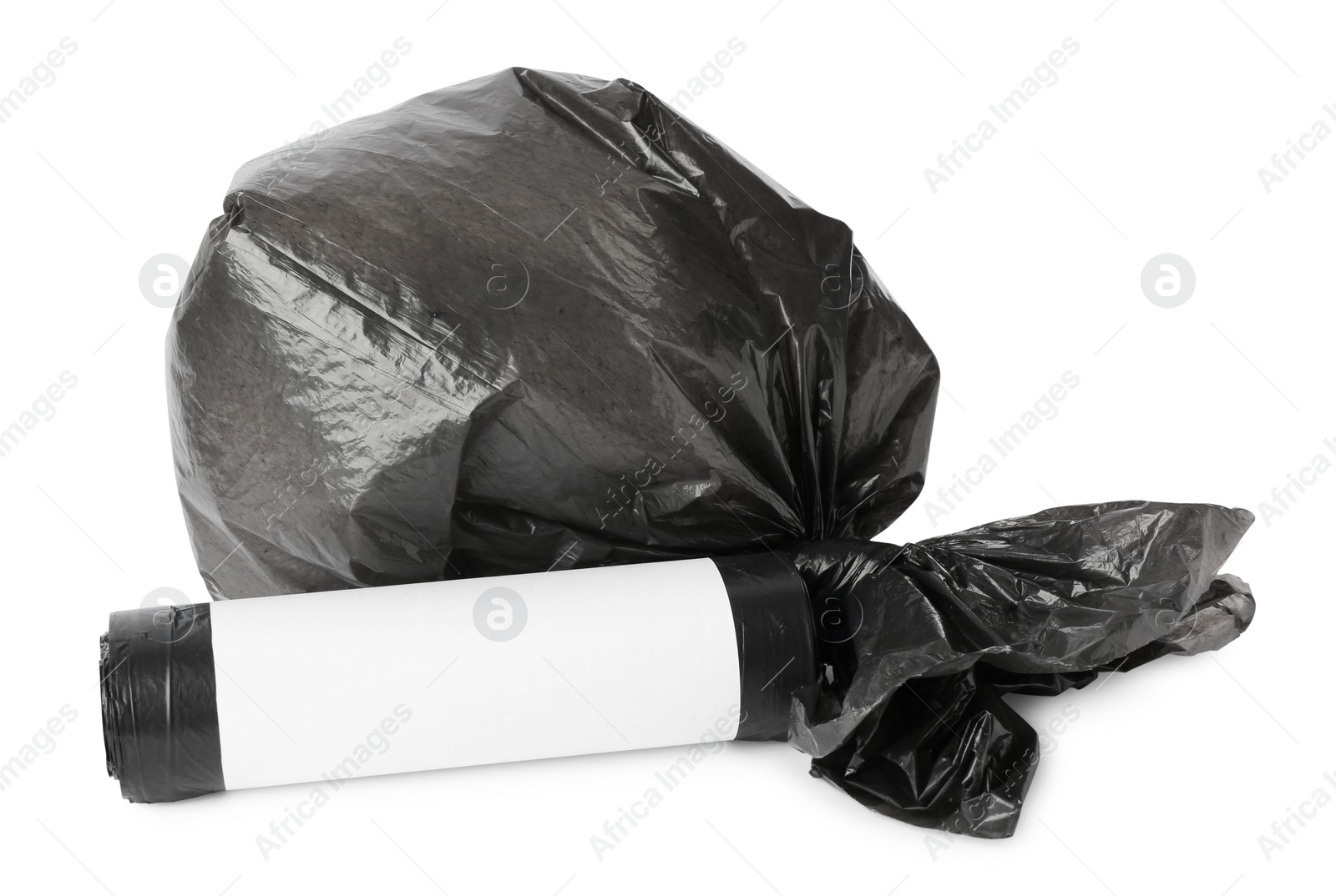 Photo of Black garbage bag and roll isolated on white