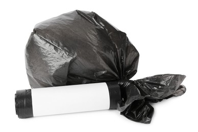 Photo of Black garbage bag and roll isolated on white