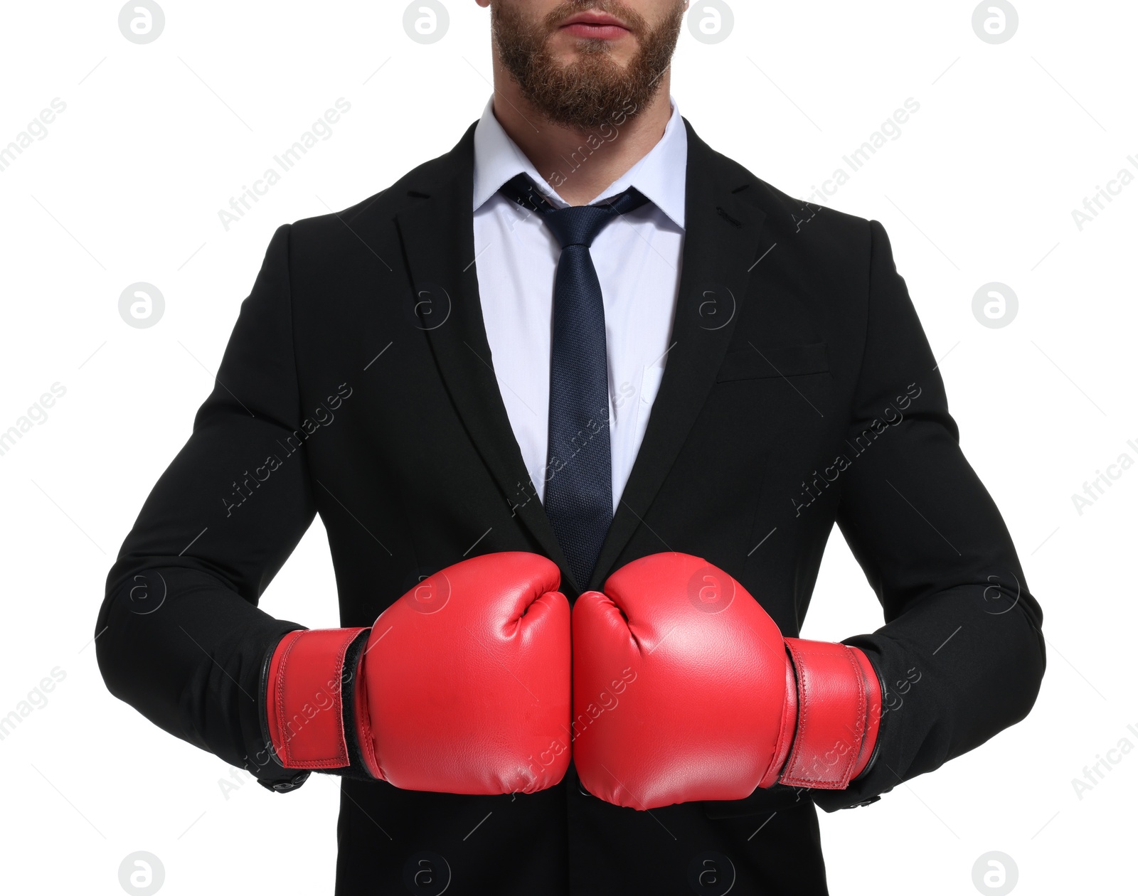 Photo of Businessman in suit wearing boxing gloves on white background, closeup