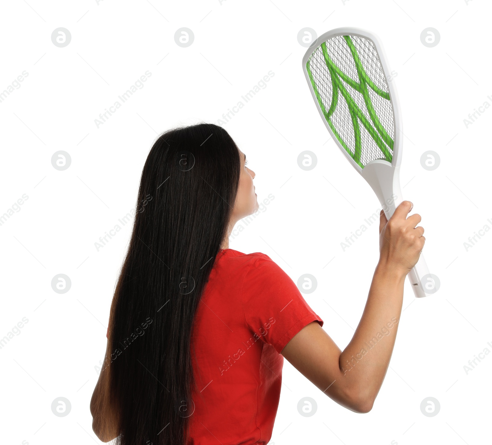 Photo of Young woman with electric fly swatter on white background, back view. Insect killer