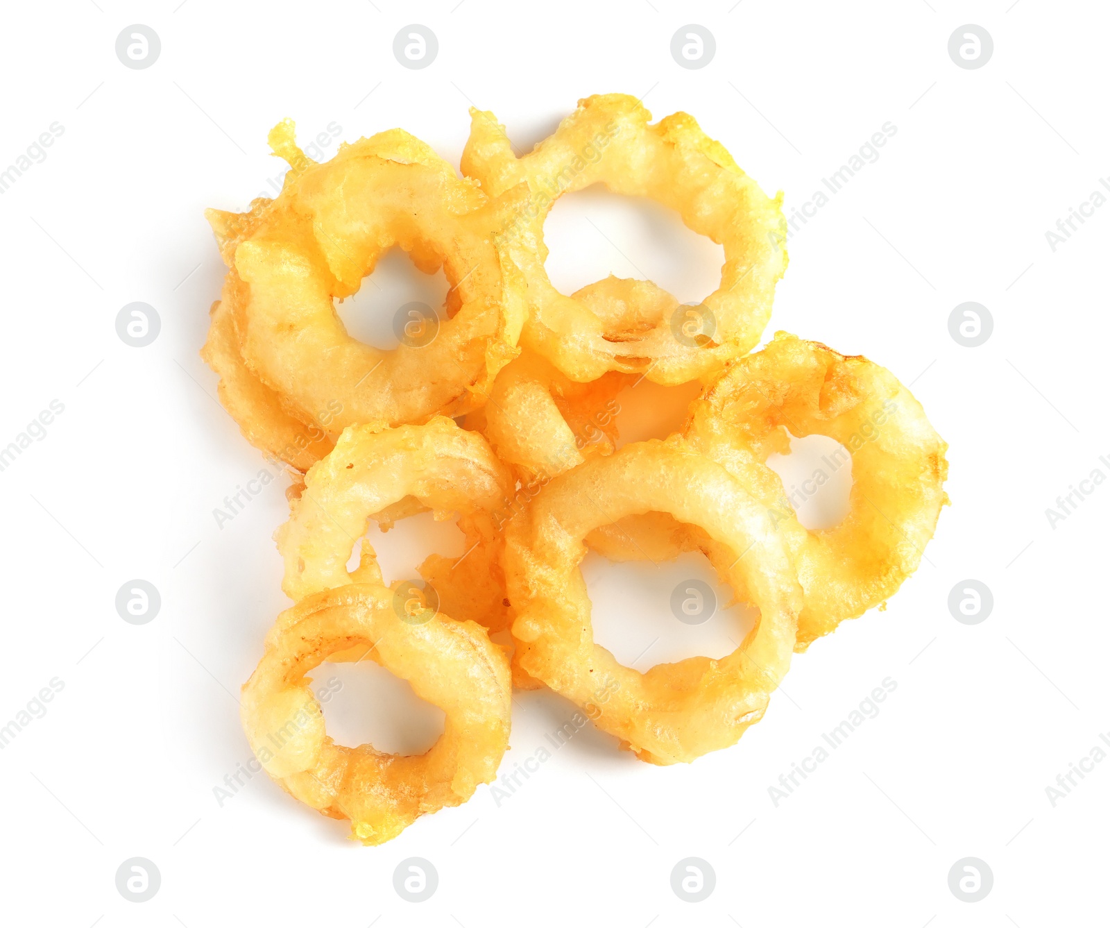 Photo of Delicious golden breaded and deep fried crispy onion rings on white background