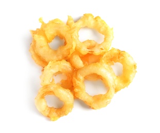 Photo of Delicious golden breaded and deep fried crispy onion rings on white background