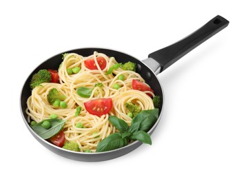 Photo of Delicious pasta primavera in frying pan isolated on white