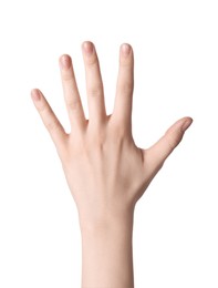 Photo of Woman against white background, closeup of hand