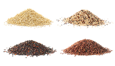 Image of Set with different types of quinoa on white background