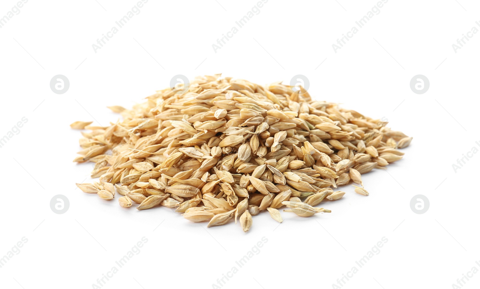 Photo of Raw barley on white background. Healthy grains and cereals