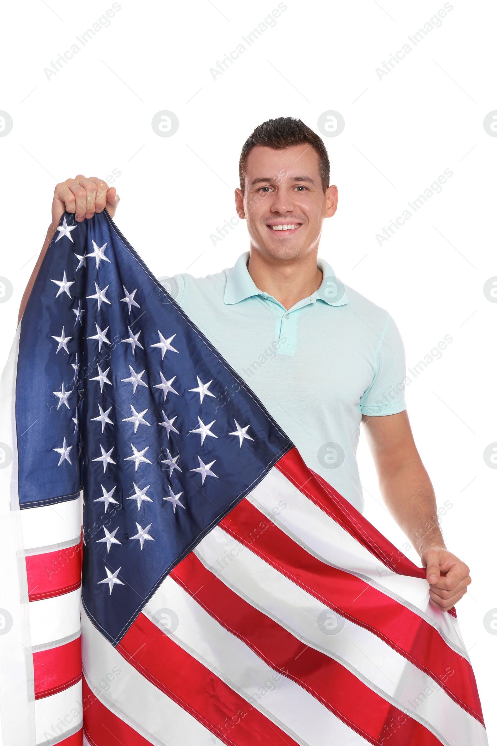 Photo of Portrait of man with American flag on white background