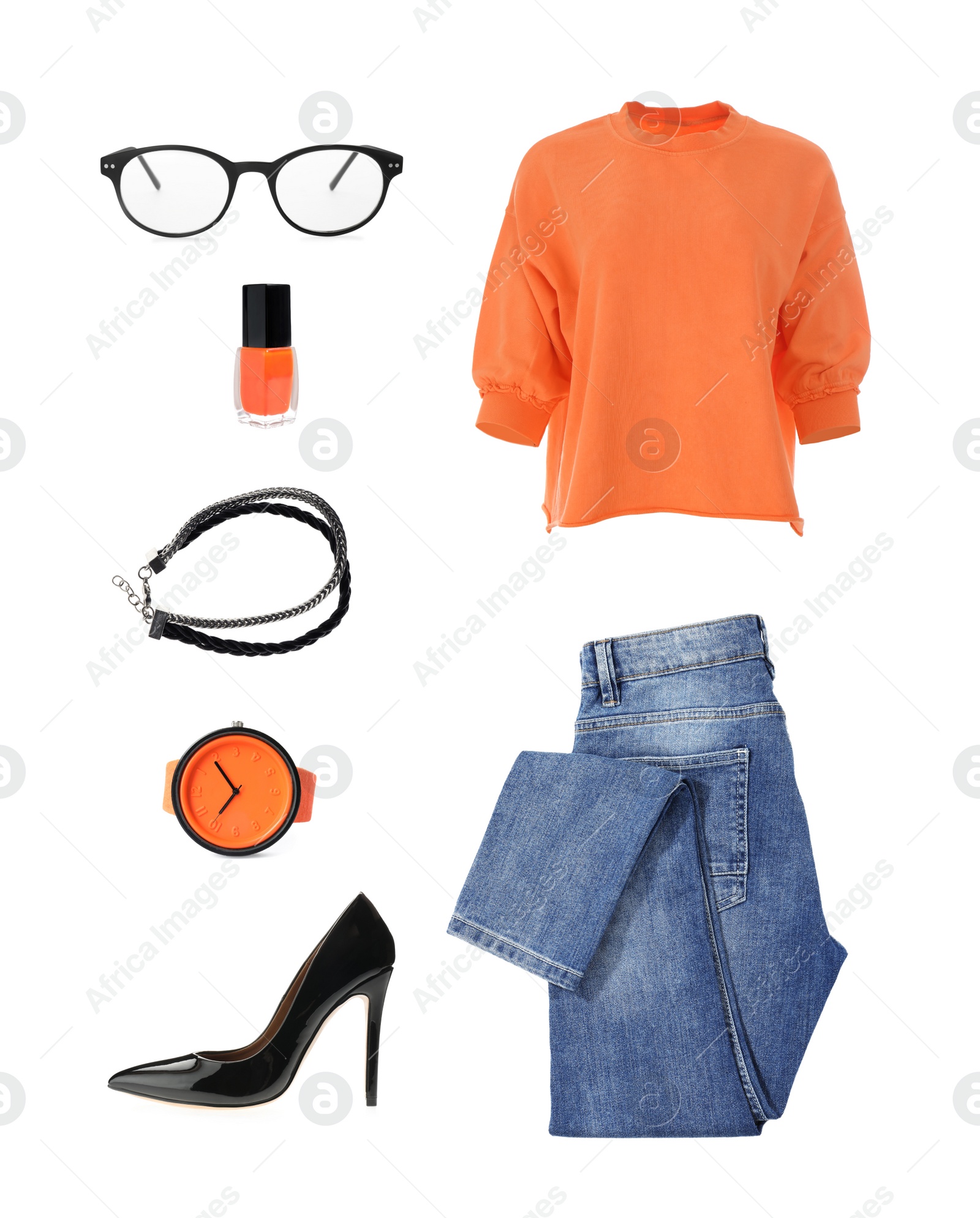 Image of Set of stylish female clothes and accessories on white background