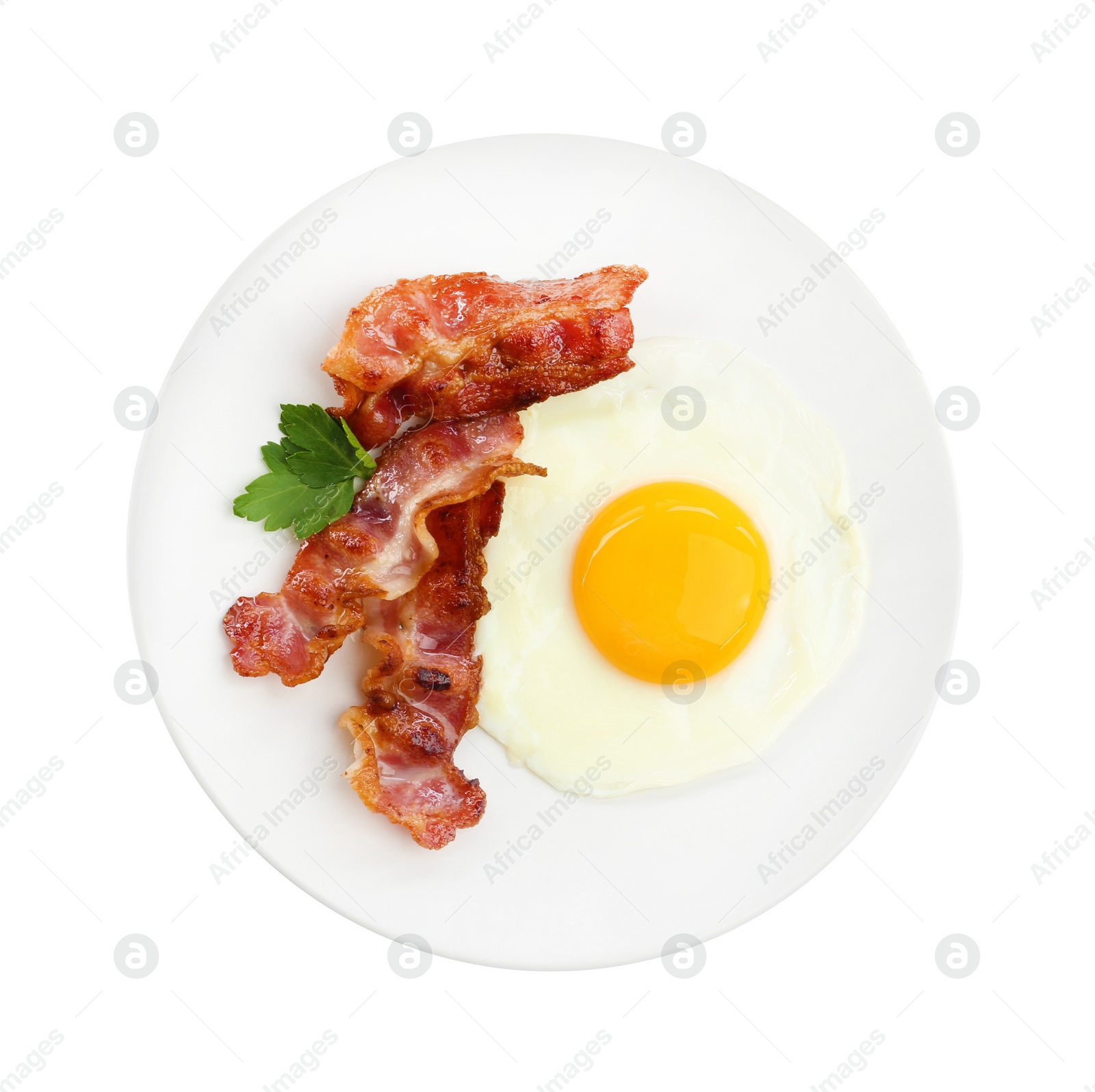 Photo of Delicious breakfast with sunny side up egg isolated on white, top view