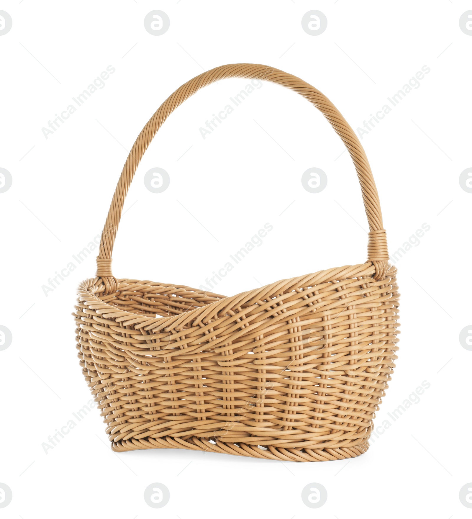 Photo of Empty wicker picnic basket on white background