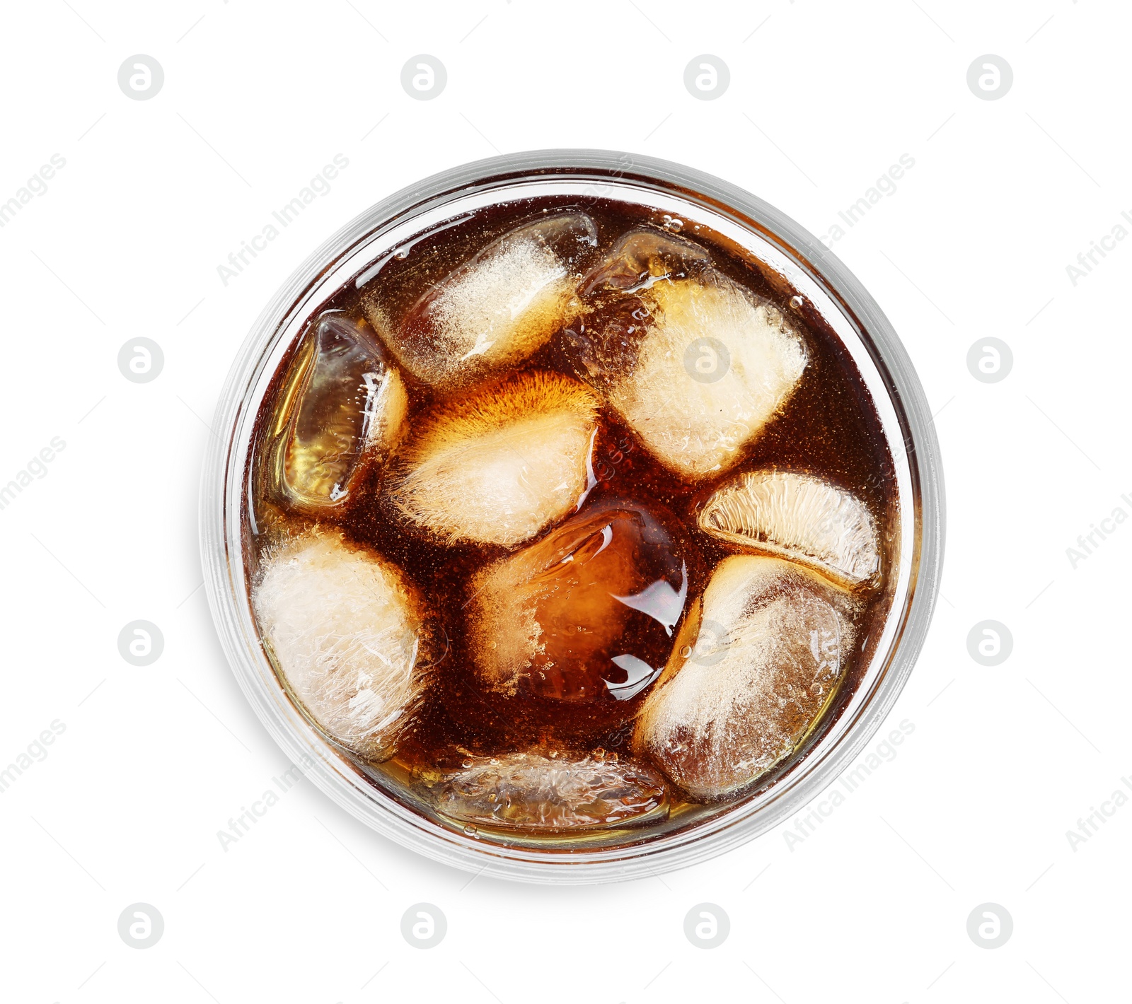 Photo of Glass of refreshing soda drink with ice cubes isolated on white, top view