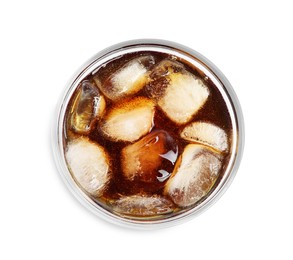 Glass of refreshing soda drink with ice cubes isolated on white, top view