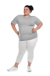 Photo of Happy overweight woman posing on white background