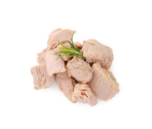 Photo of Delicious canned tuna chunks with rosemary isolated on white, top view