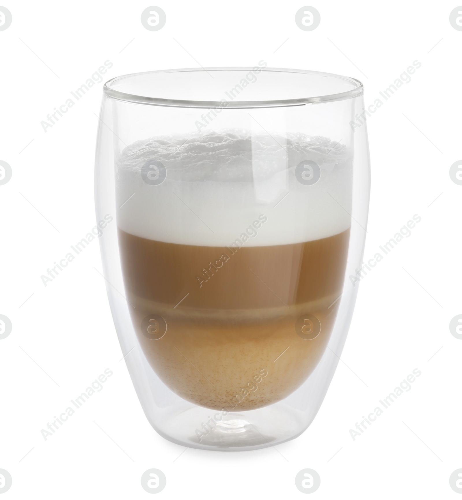 Photo of Glass cup of aromatic coffee with milk isolated on white