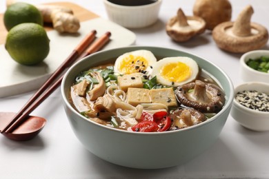 Photo of Noodle soup. Bowl of delicious ramen, ingredients and chopsticks on white tiled table, closeup