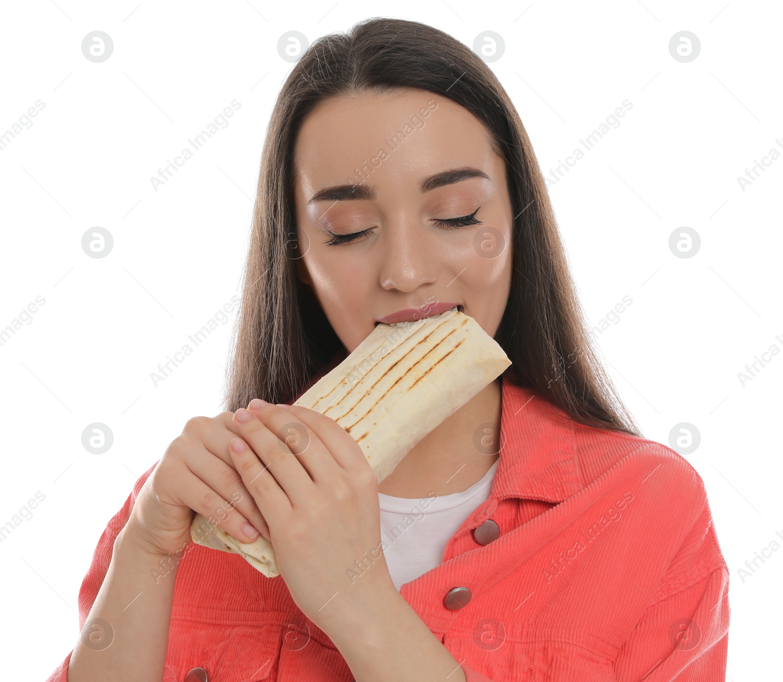 Photo of Young woman eating tasty shawarma isolated on white