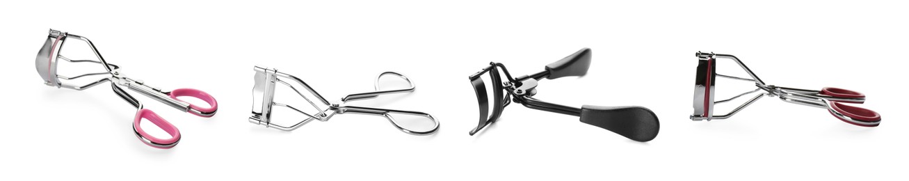 Image of Set with different eyelash curlers on white background. Banner design