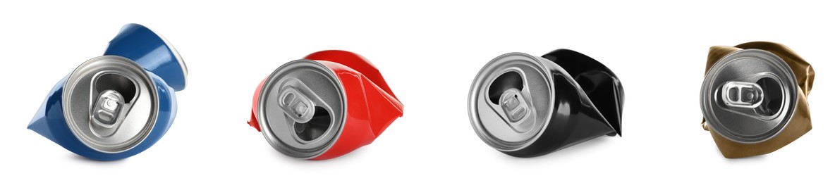 Set with crumpled cans on white background. Banner design