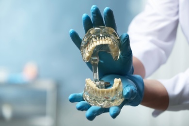 Dentist holding educational model of oral cavity with teeth in clinic, closeup. Space for text