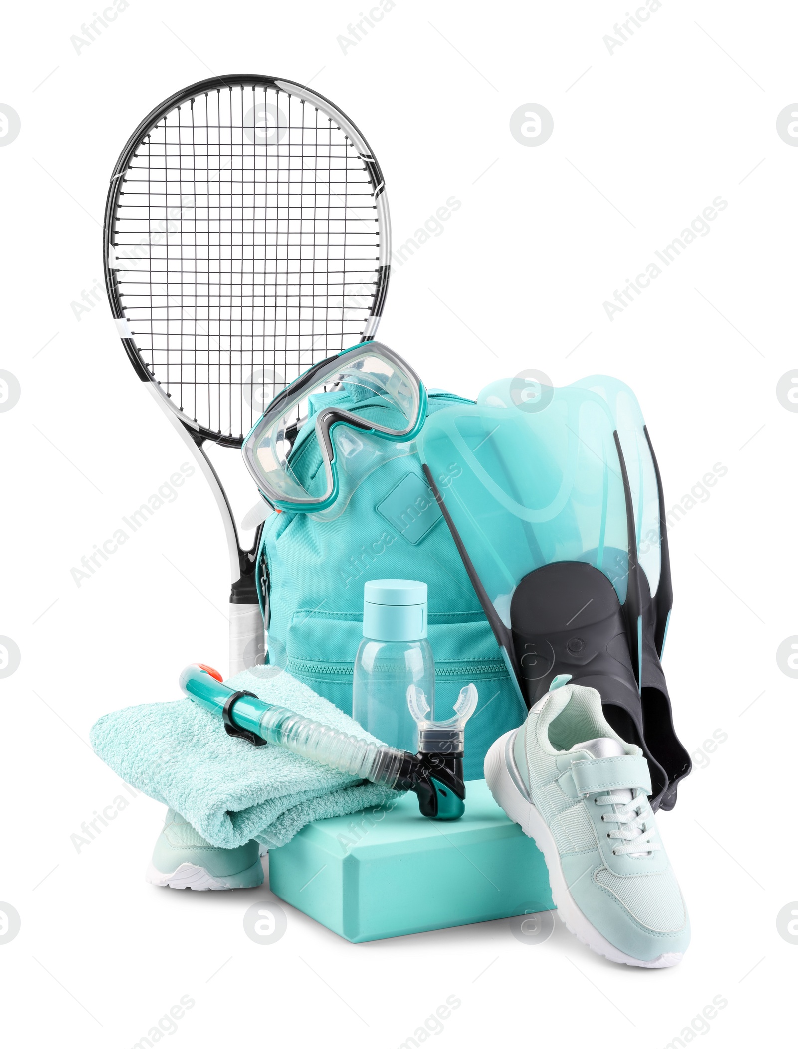 Photo of Many different sports equipment isolated on white