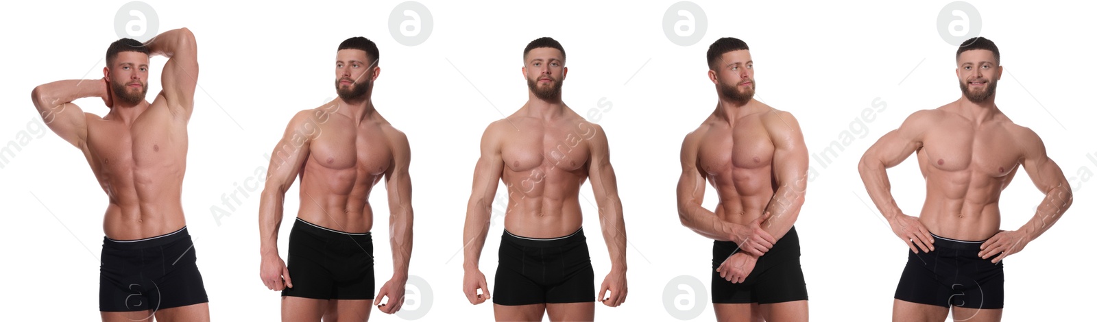 Image of Handsome man in stylish black underwear on white background, set of photos