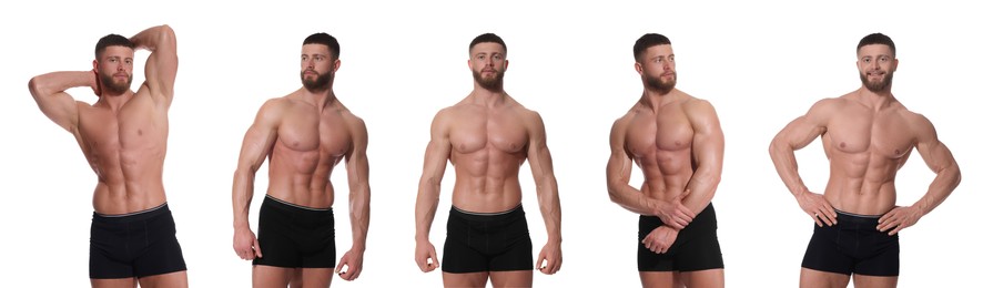 Image of Handsome man in stylish black underwear on white background, set of photos