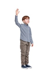 Little boy waving hand on white background