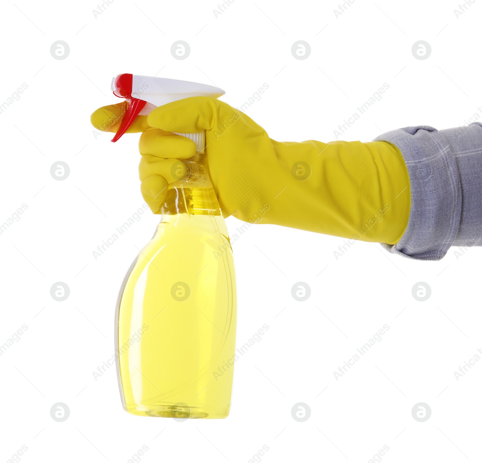 Photo of Woman holding plastic spray bottle with liquid isolated on white, closeup