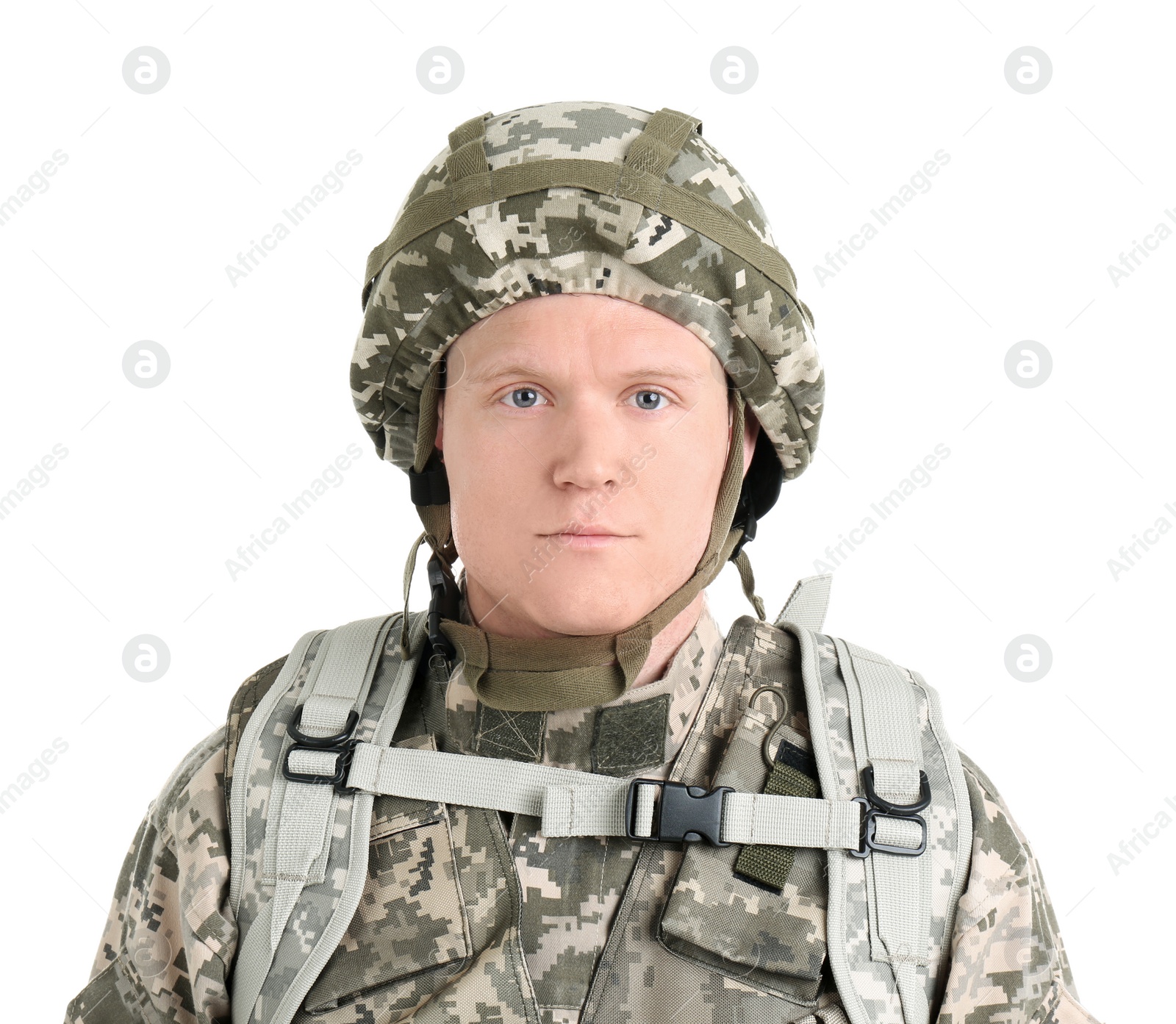 Photo of Male soldier on white background. Military service