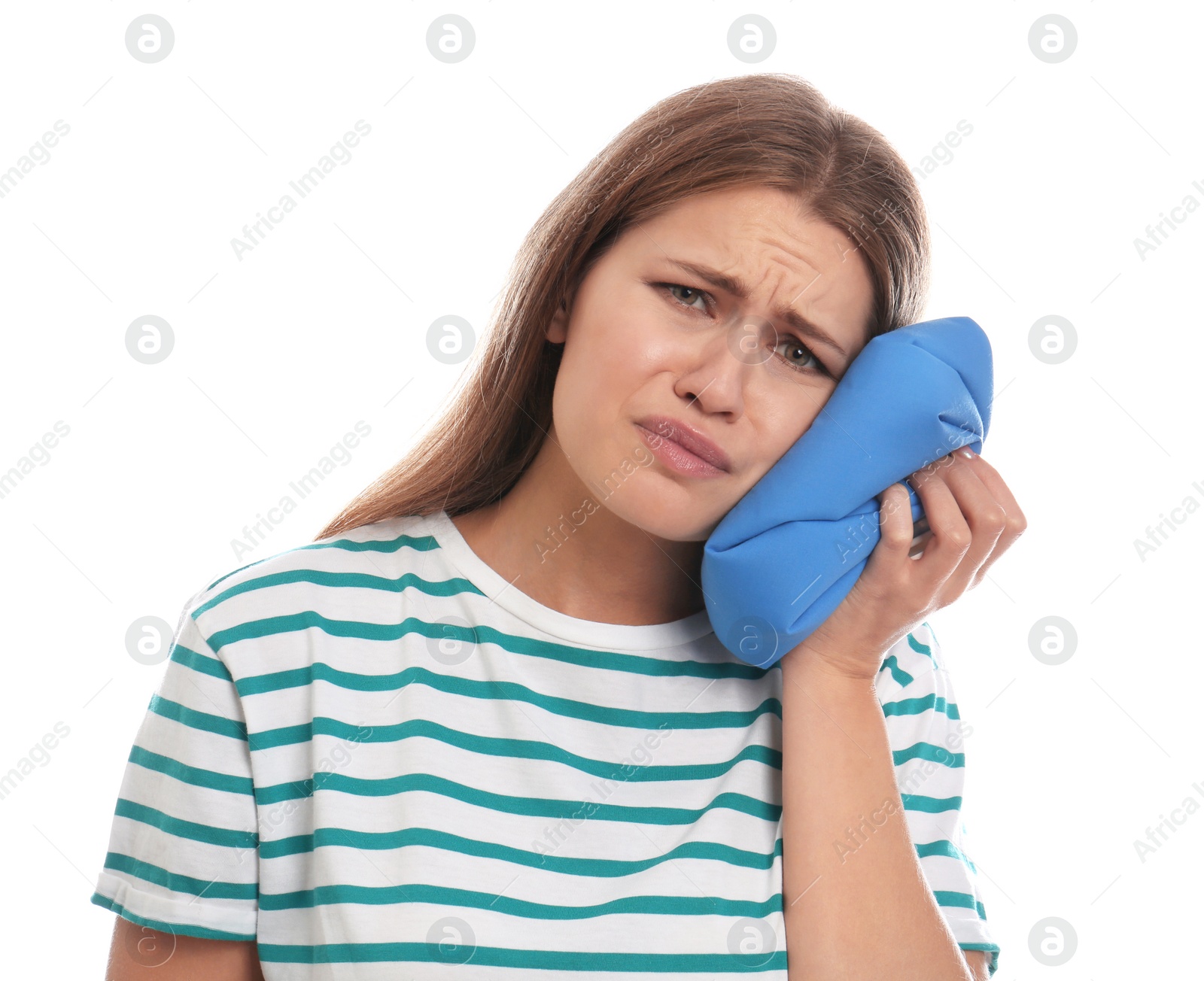 Photo of Young woman suffering from toothache on white background