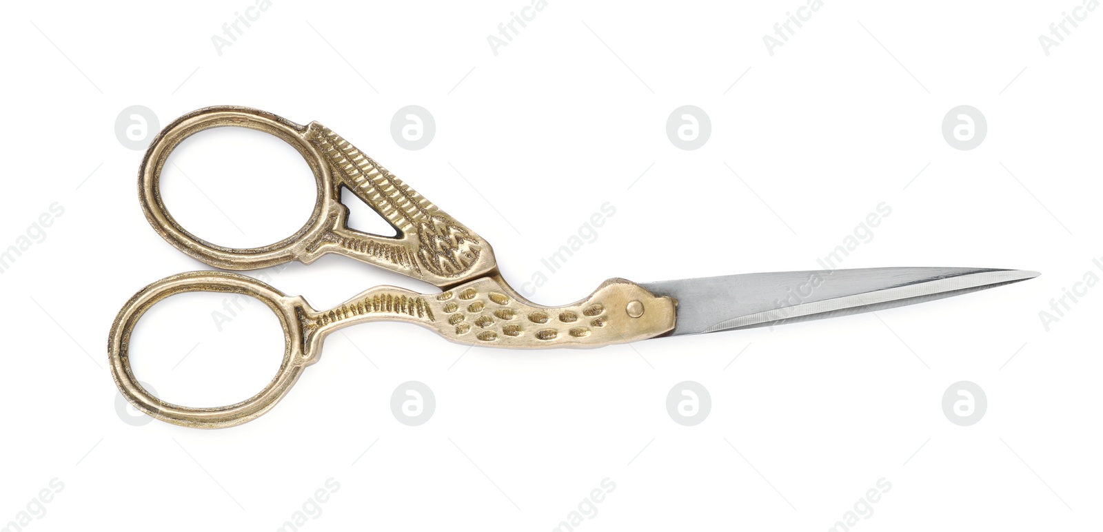 Photo of Pair of scissors with ornate handles isolated on white, top view
