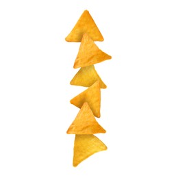 Stack of tasty tortilla chips on white background