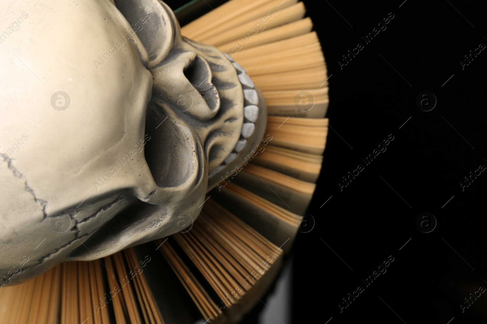 Photo of Human skull and old book on black background, top view. Space for text