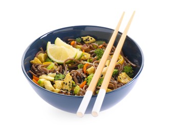 Photo of Stir-fry. Delicious cooked noodles with chicken and vegetables in bowl isolated on white