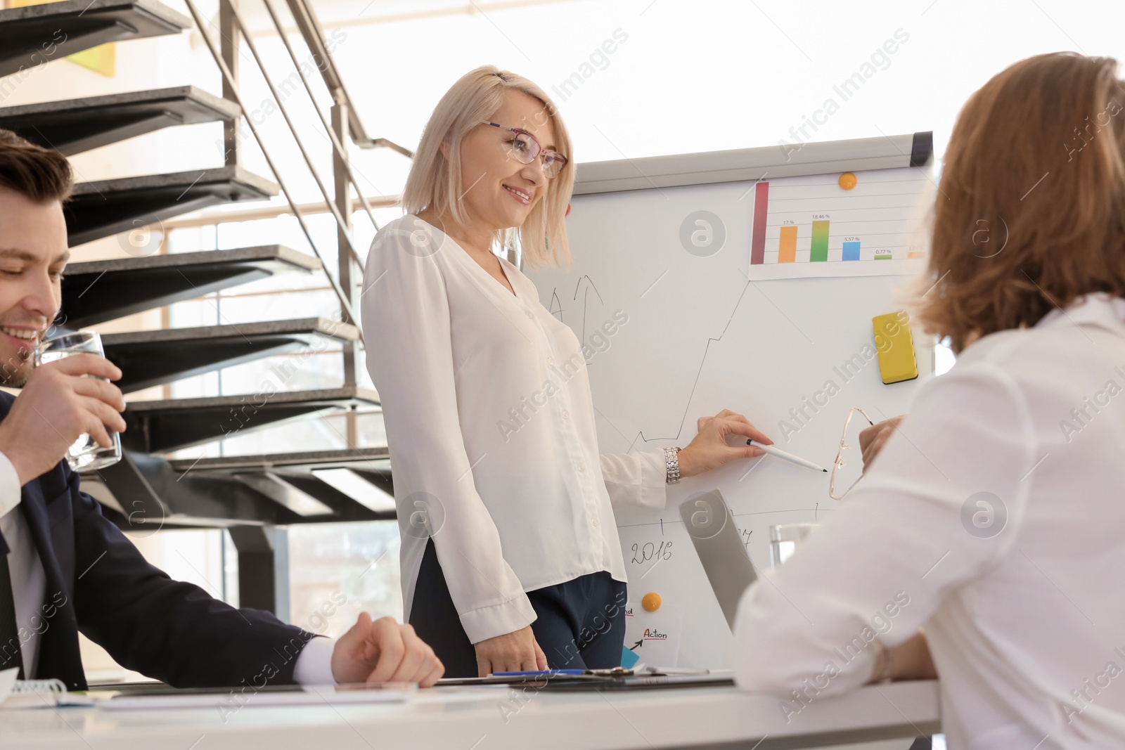 Photo of Group of people discussing ideas at table in office. Consulting service concept