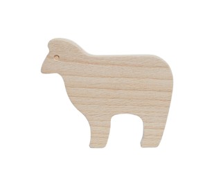 Wooden sheep figure isolated on white. Educational toy for motor skills development